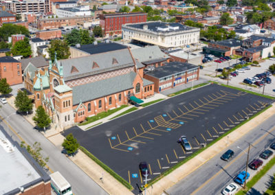 Aerial view of parking lot of St. Patrick's Catholic church in York, PA.