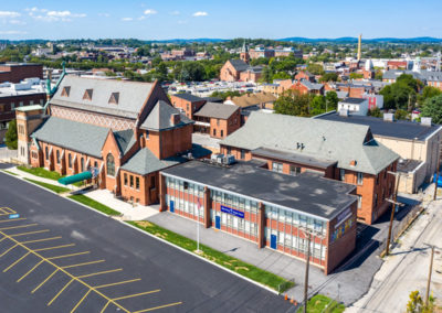 Aerial view of St. Patrick's Catholic church in York, PA.